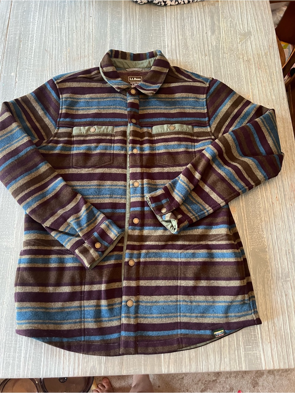 L.L. Bean Men’s Striped Snap-Front Shirt Jacket in Blue, Brown & Green